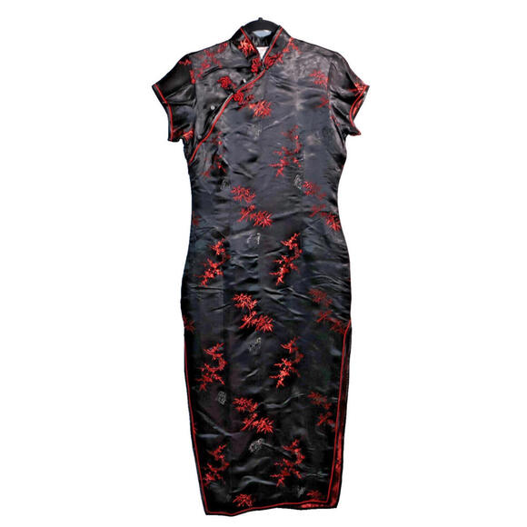 Plum Blossom 100% Puac Silk‎ Chinese Mandarin Style Dress Black Red Satin 32 XS - Picture 1 of 6